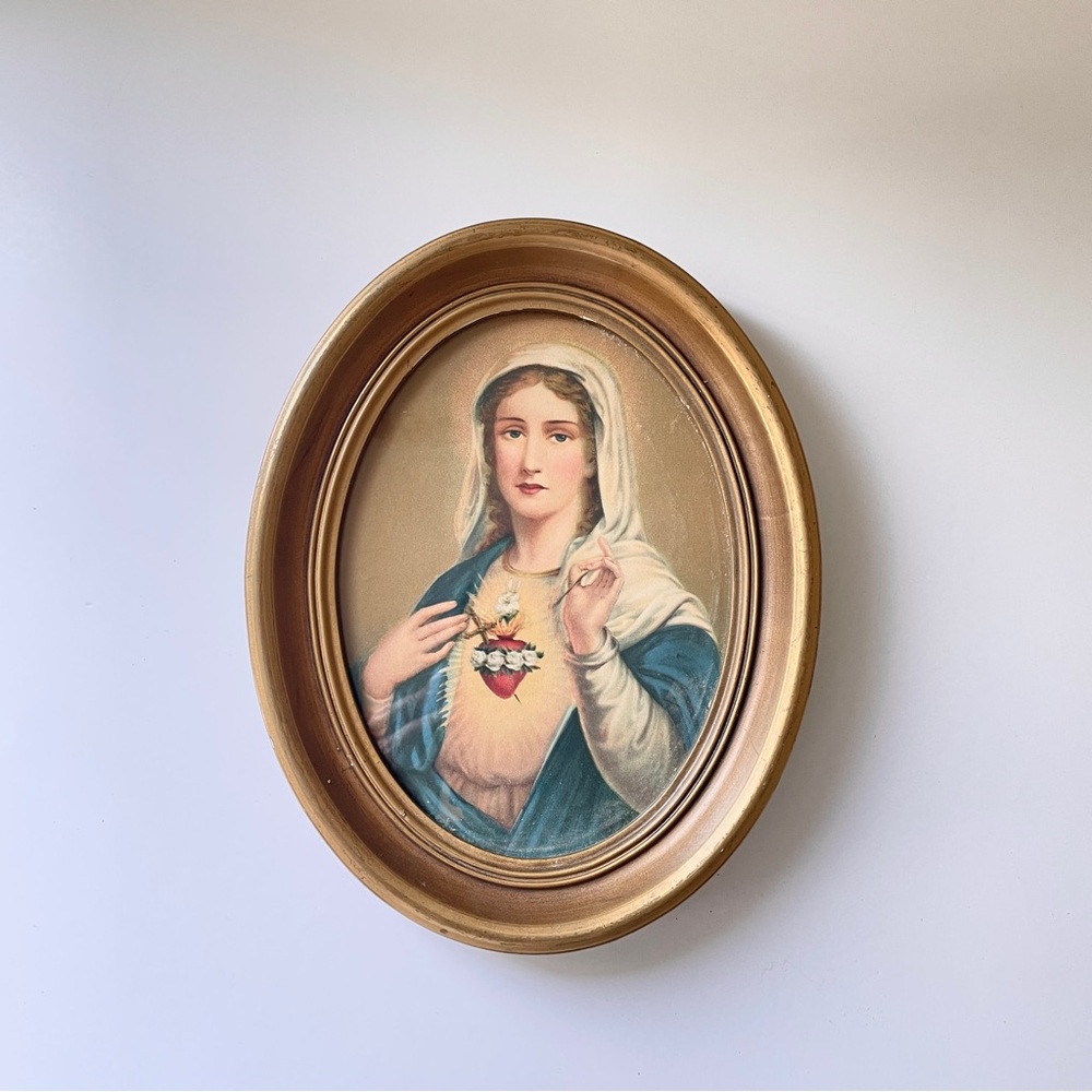 Vintage Mid Century Oval Framed Sacred Heart of Mary Print Immaculate Heart MCM